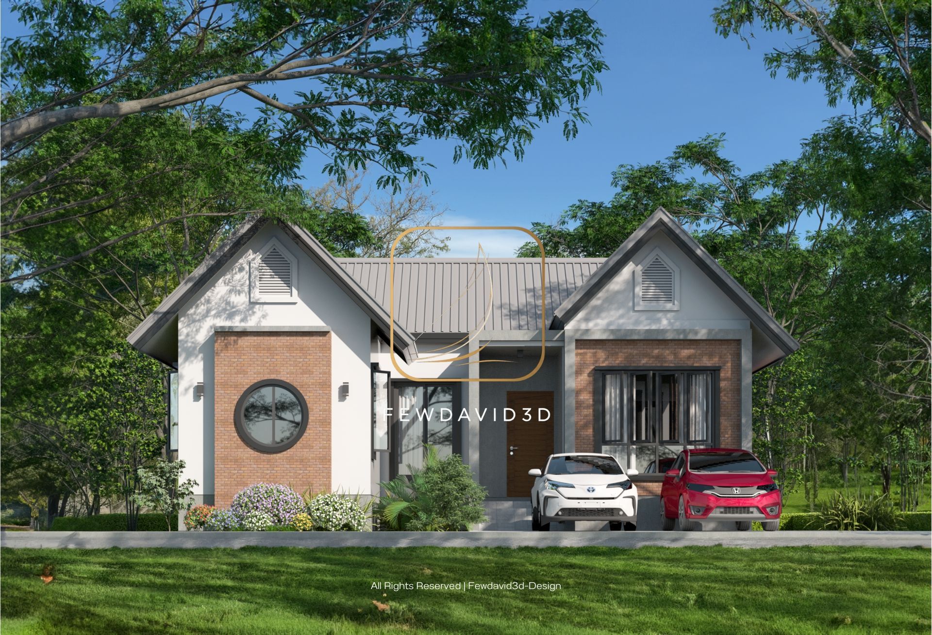 แบบบ้านโมเดิร์นชั้นเดียวสวยๆ หน้าบ้านมีสนามหญ้าสีเขียว