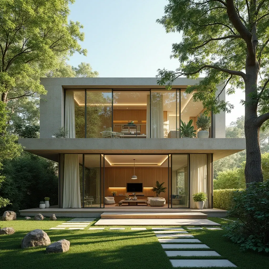 Modern house design with large transparent glass walls, sunlight softly entering through the windows, creating a bright and open atmosphere. The interior is cool and comfortable, with minimalistic furniture and green indoor plants that enhance the fresh feeling. Shaded areas and strategically placed curtains ensure that the house remains cool despite the large windows. The home is surrounded by a serene garden with trees providing natural shade, and the overall mood is tranquil, airy, and refreshing