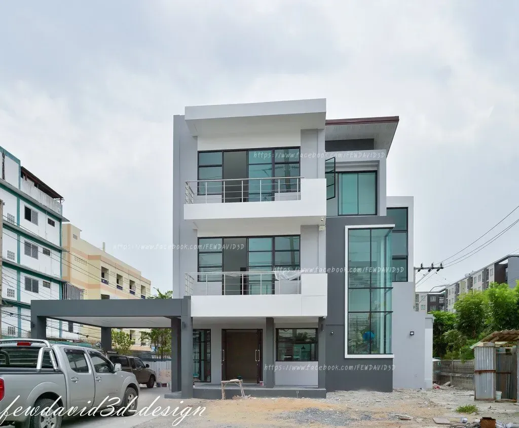 ภาพมุมหน้าบ้าน 3 ชั้นโมเดิร์นลอฟต์ ซ.ลาดกระบัง 18 ที่ออกแบบโดย Fewdavid3D-Design