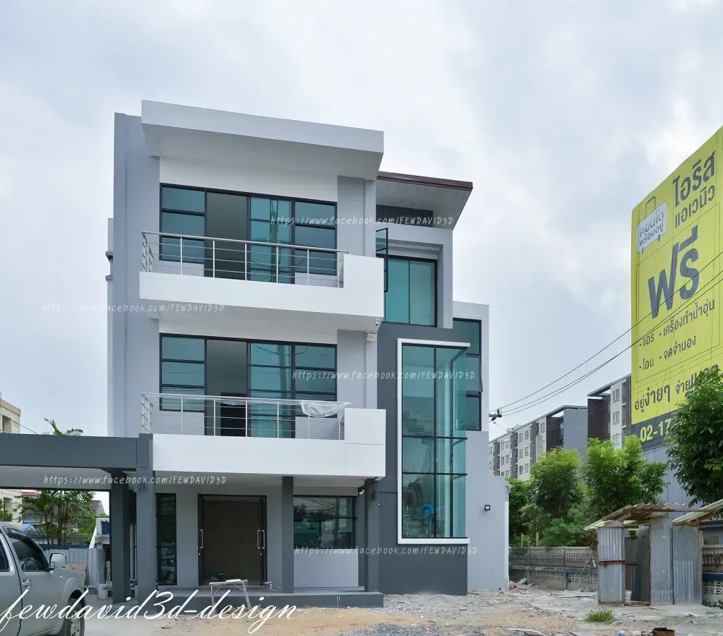 การออกแบบบ้าน 3 ชั้นสไตล์โมเดิร์นลอฟต์พร้อมบันไดกระจกแนวตั้งโดย Fewdavid3D-Design
