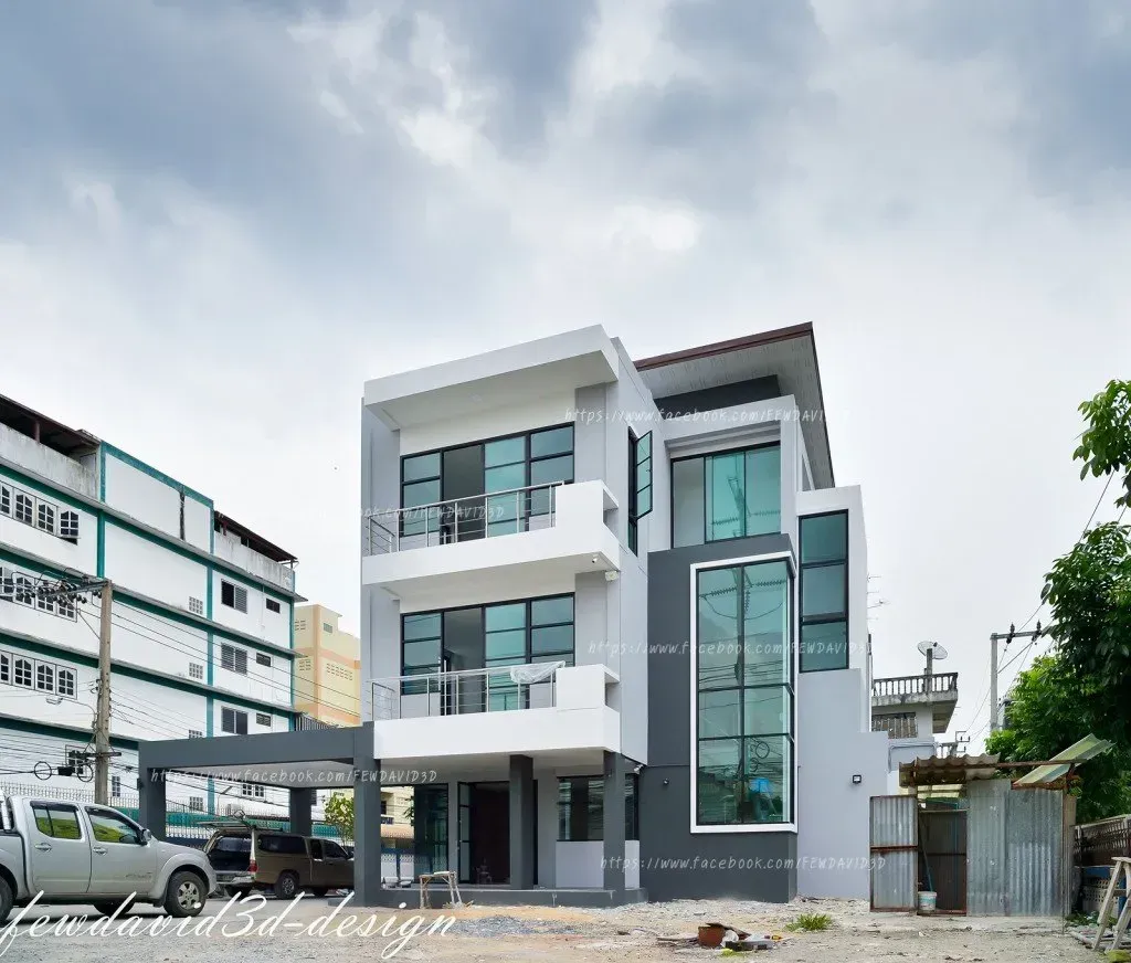 ภาพมุมหน้าบ้าน 3 ชั้นโมเดิร์นลอฟต์ ซ.ลาดกระบัง 18 ที่ออกแบบโดย Fewdavid3D-Design