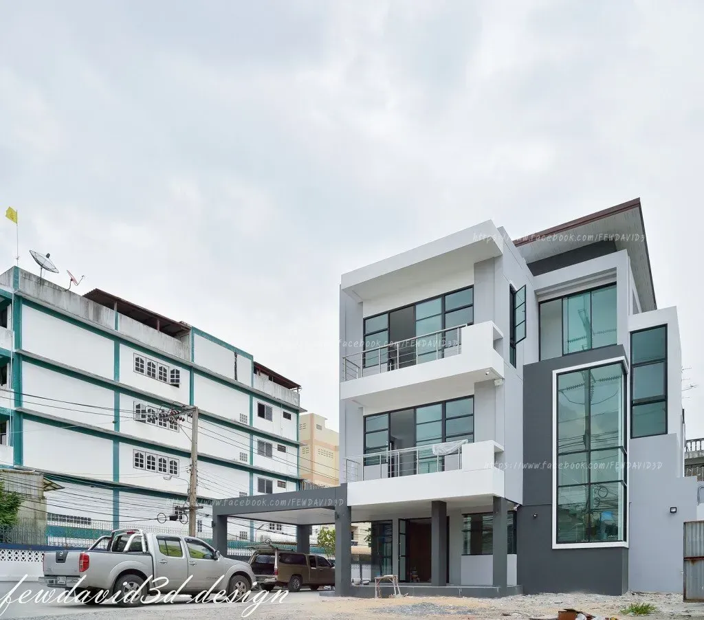 การออกแบบบ้าน 3 ชั้นสไตล์โมเดิร์นลอฟต์พร้อมบันไดกระจกแนวตั้งโดย Fewdavid3D-Design