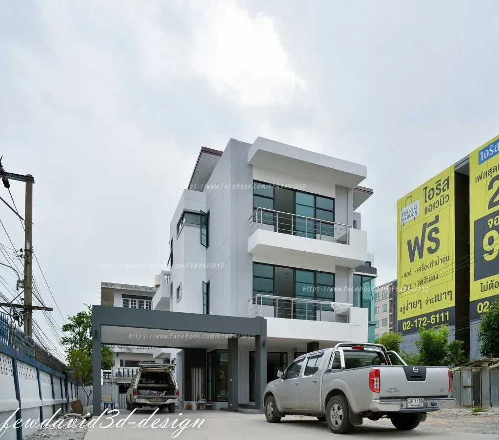 ภาพมุมหน้าบ้าน 3 ชั้นโมเดิร์นลอฟต์ ซ.ลาดกระบัง 18 ที่ออกแบบโดย Fewdavid3D-Design