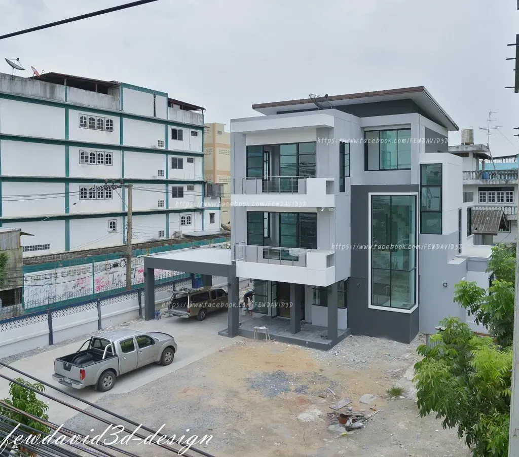 การออกแบบบ้าน 3 ชั้นสไตล์โมเดิร์นลอฟต์พร้อมบันไดกระจกแนวตั้งโดย Fewdavid3D-Design