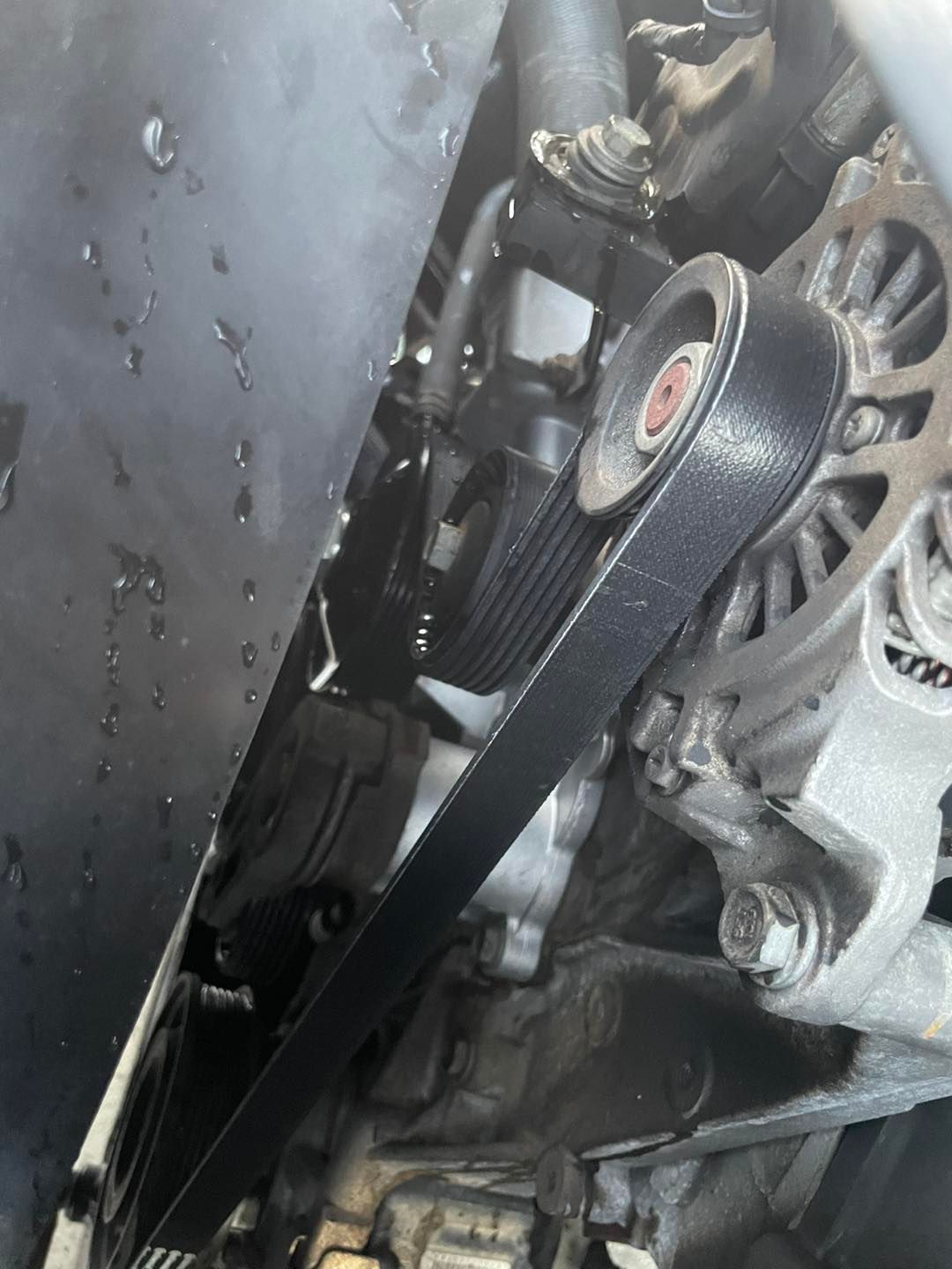 Black serpentine belt wrapped around engine pulleys in a car | DMP Mobile Auto Repair