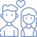 A light blue line-art icon of two figures standing side-by-side with a heart floating above them.