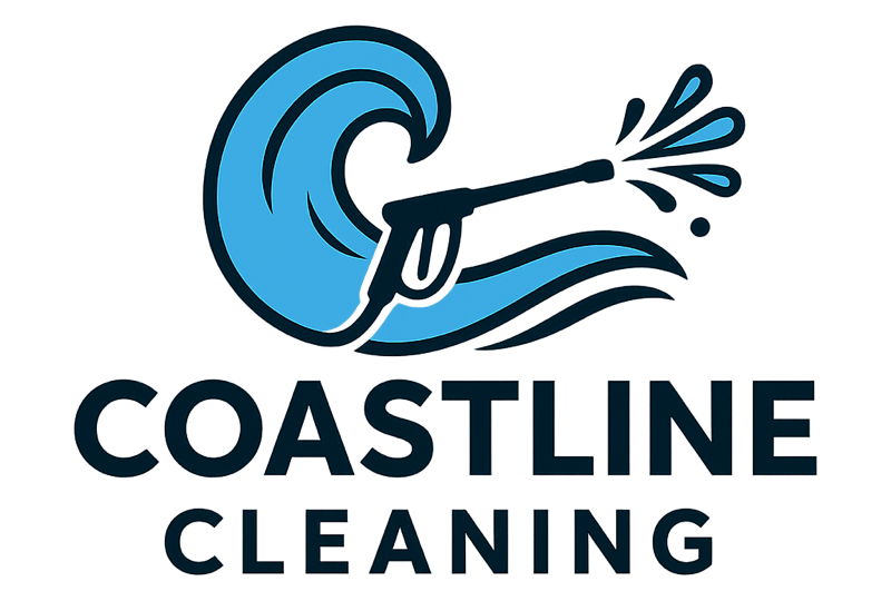 Logo: Blue wave and pressure washer, "Coastline Cleaning" text.