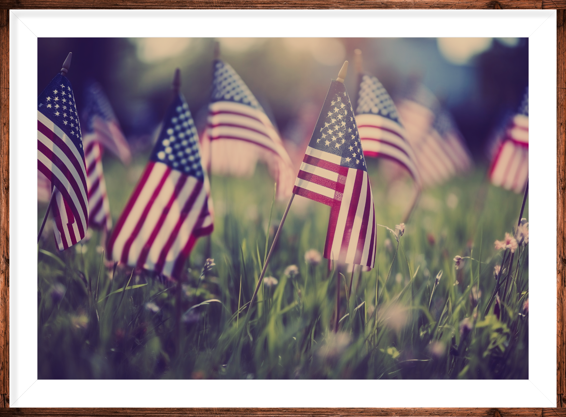 A bunch of american flags are sitting in the grass