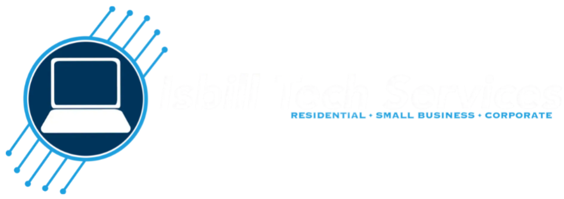 Blue laptop logo with radiating lines and the text “Residential • Small Business • Corporate”
