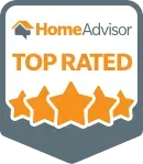 HomeAdvisor Top Rated badge with five orange stars on a gray shield