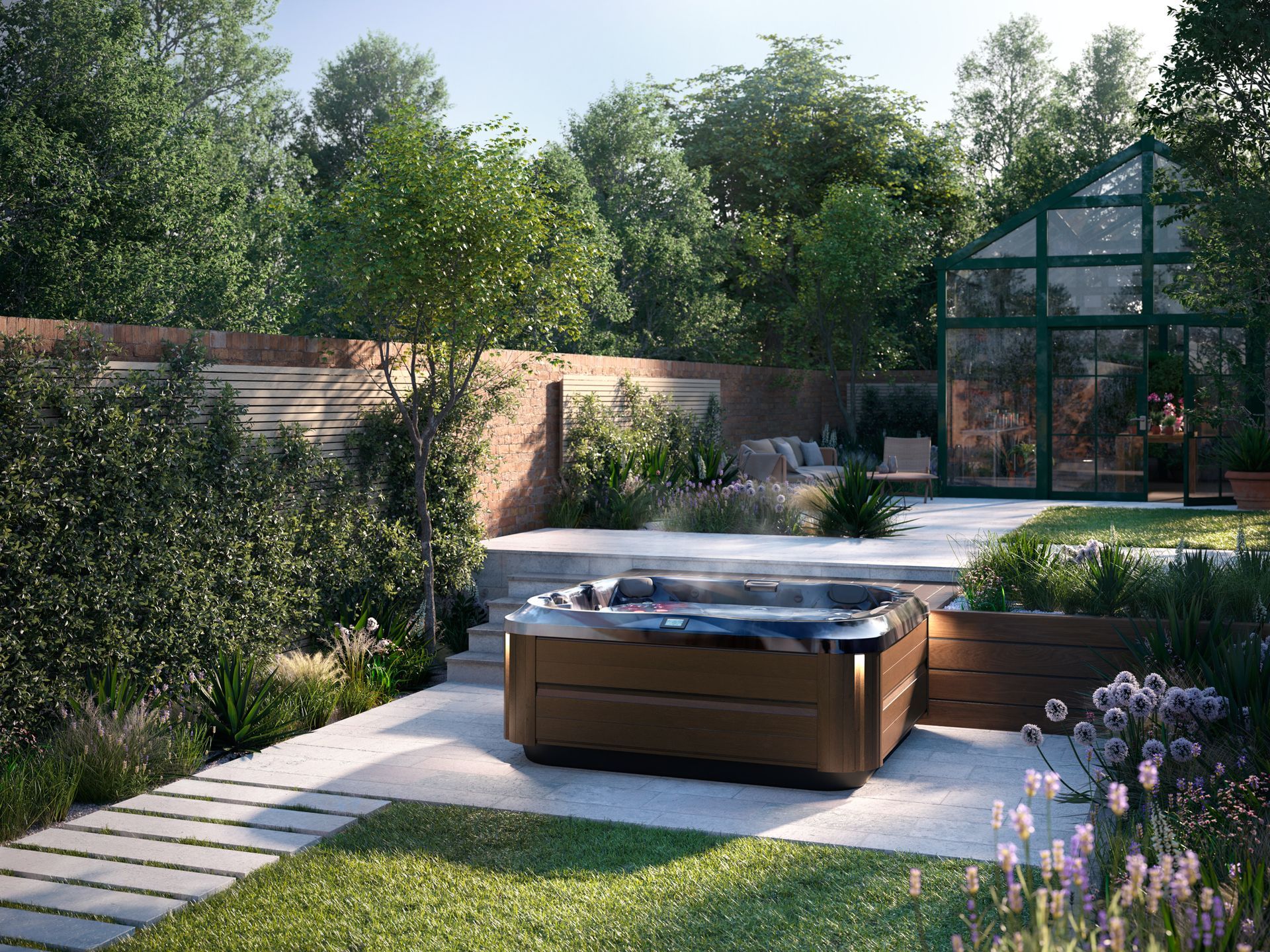 A hot tub is sitting on top of a stone patio surrounded by rocks.