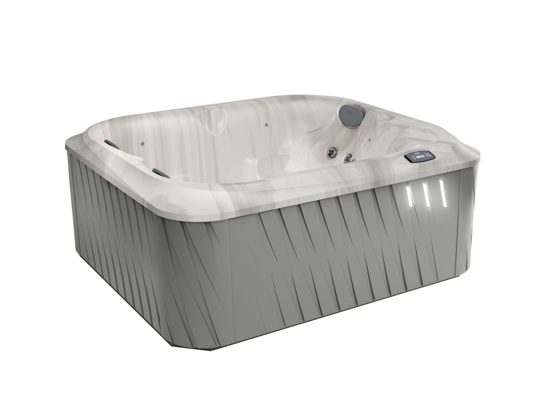 An aerial view of a white hot tub with lots of jets.