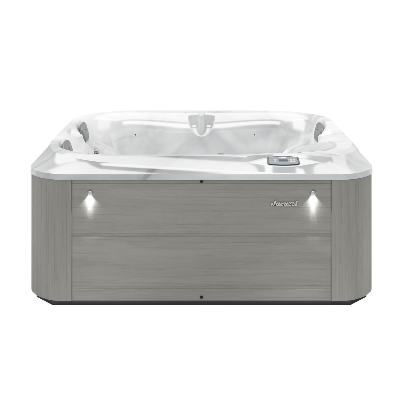 An aerial view of a white hot tub with lots of jets.