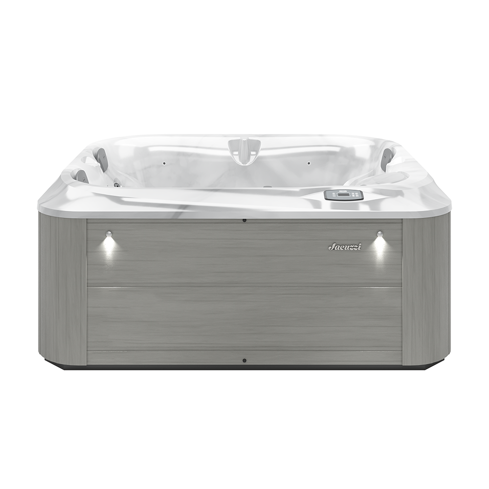 An aerial view of a white hot tub with lots of jets.