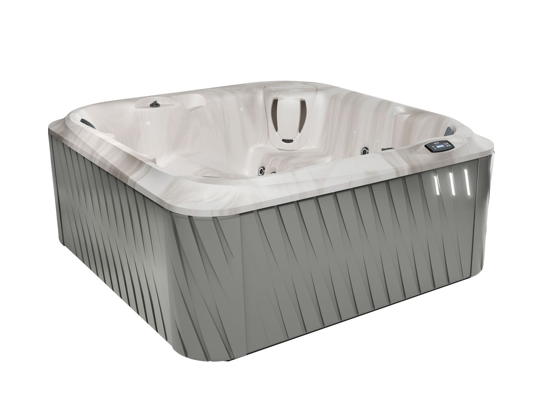 A white hot tub with a lot of jets on it