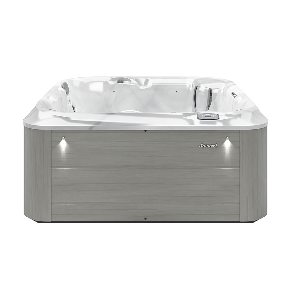 A white hot tub with a lot of jets on it