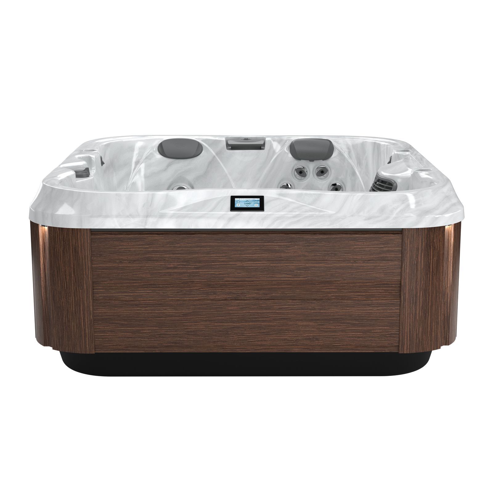 Wood-paneled hot tub with white interior, black base, and silver control panel on a white background