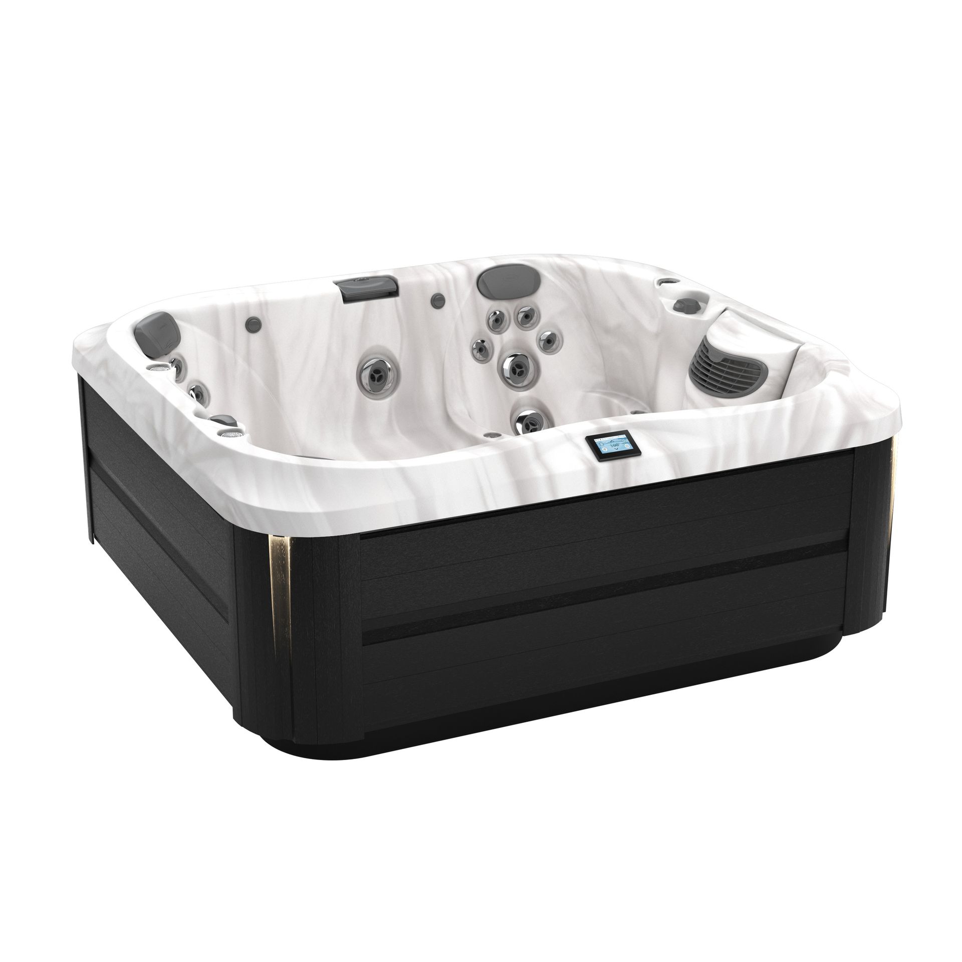 A white hot tub with a lot of jets on it