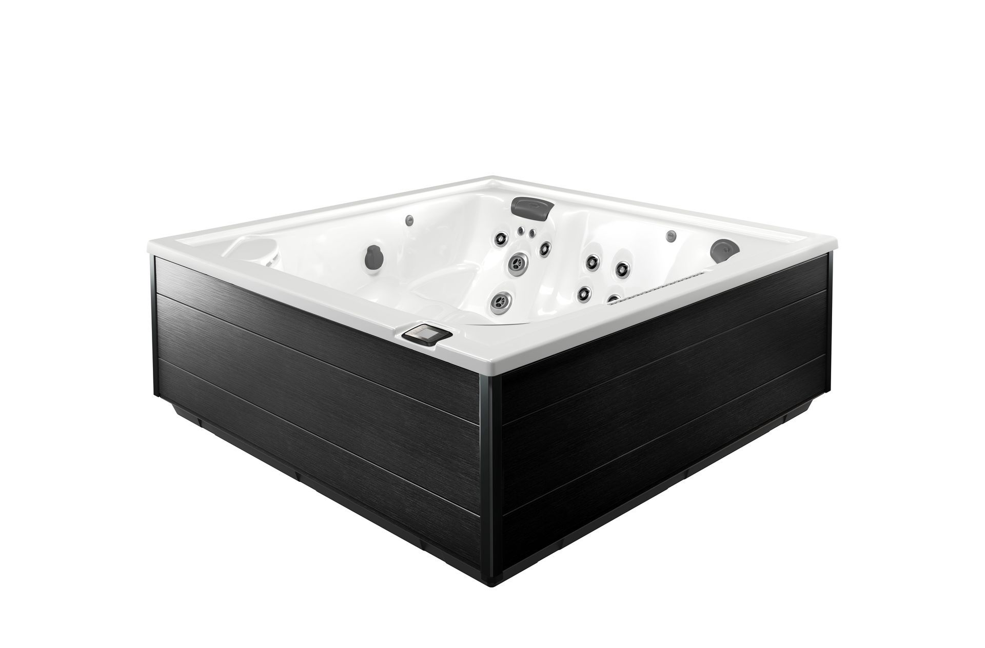 A white hot tub with a lot of jets on it.