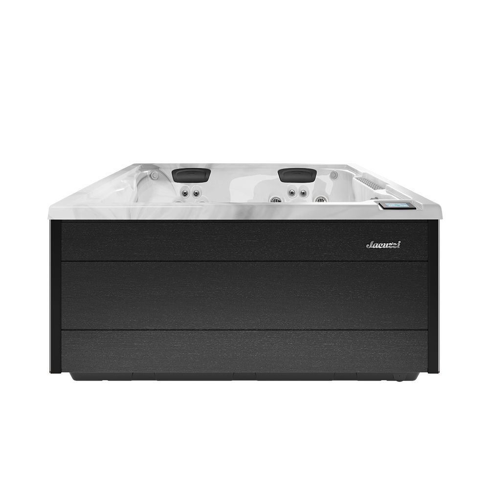 Black rectangular outdoor hot tub with white interior and two cupholders on a white background