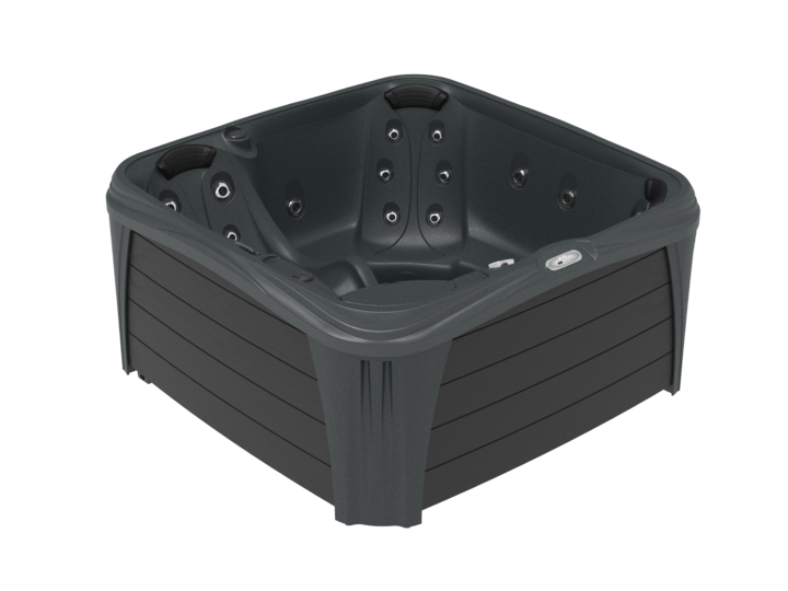 A black square hot tub with a white background
