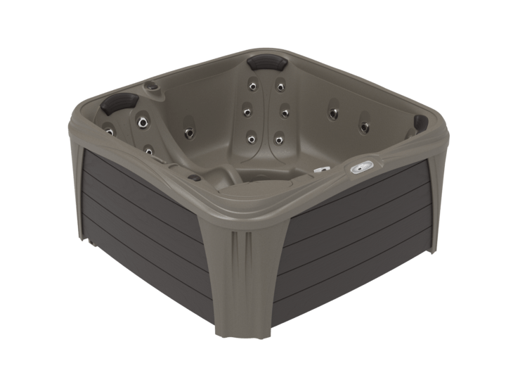 A brown square hot tub with a white background