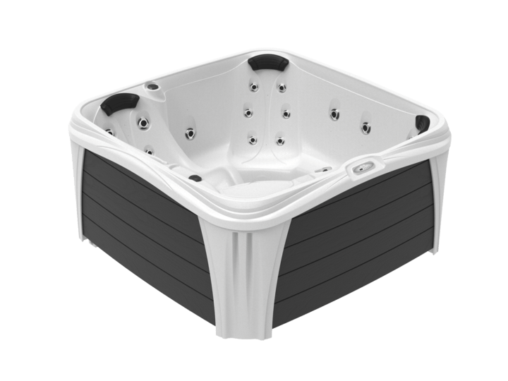 A white and black hot tub with jets on a white background