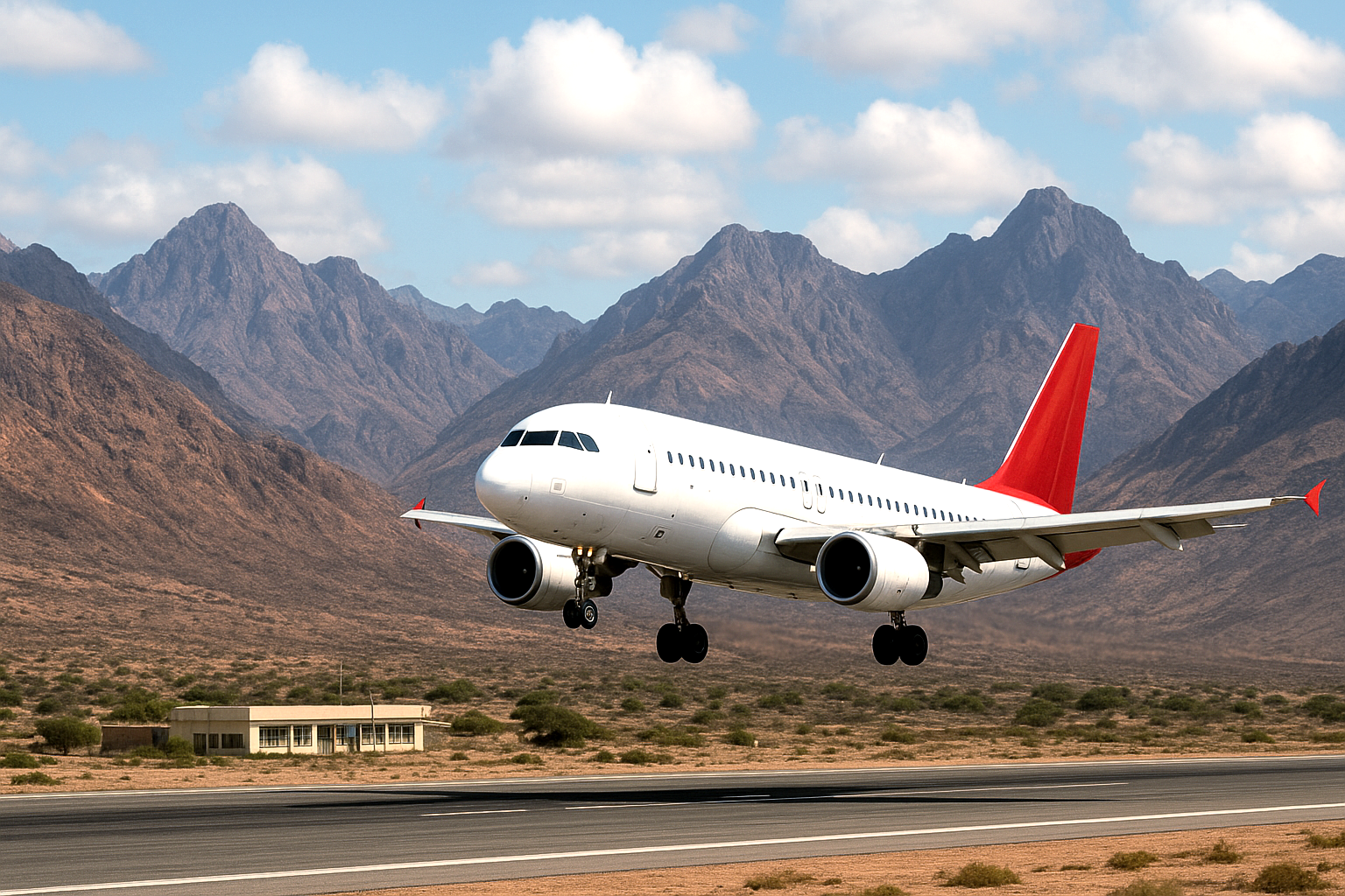 Small plane landing at Socotra Island Airport surrounded by mountain landscapes.