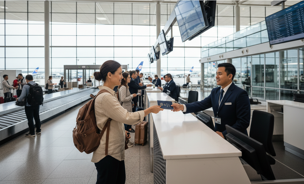 Tourist handing passport for Socotra Island visa processing at Abu Dhabi airport.
