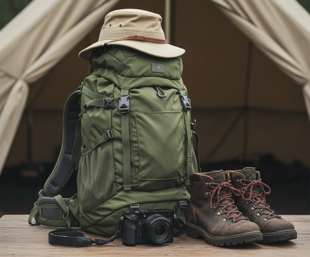 Travel essentials for Socotra Island including backpack, hat, hiking shoes, and camera.