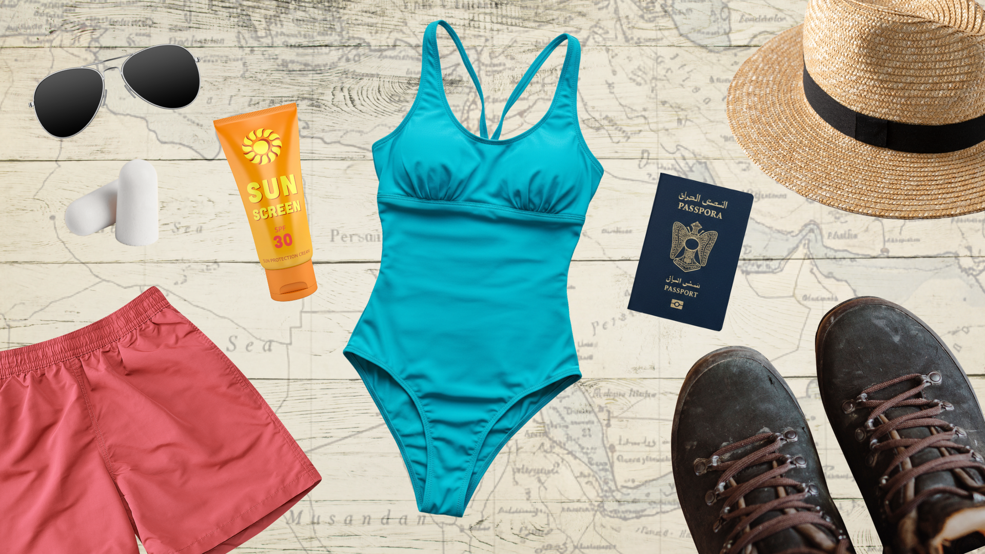 Packing essentials for a Musandam trip including passport, swimwear, hiking shoes, and sunscreen.