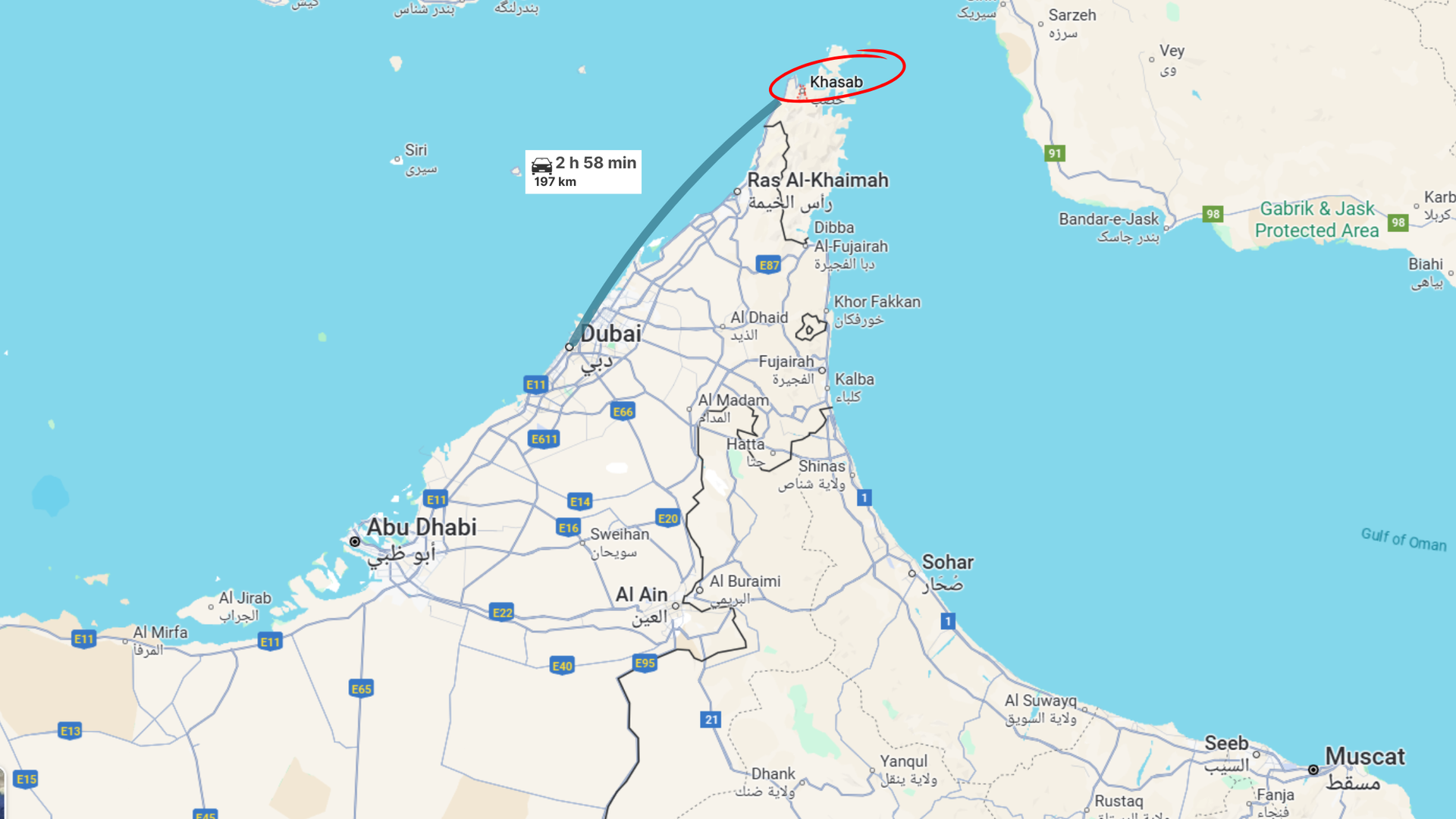 Map showing Khasab in Musandam, Oman, located close to Dubai and separated from Muscat by the UAE.