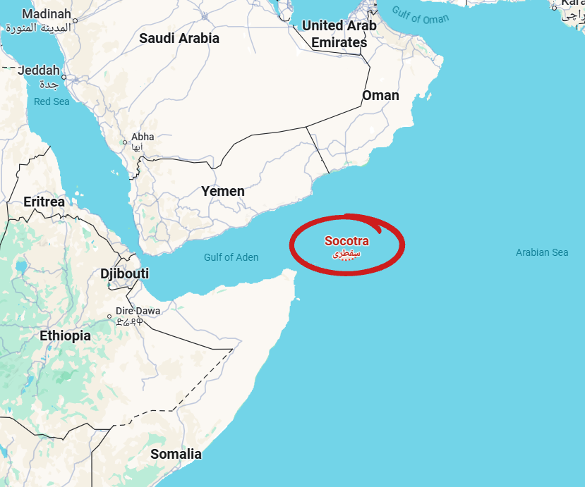 Map showing Socotra Island’s location between the Arabian Peninsula and the Horn of Africa.