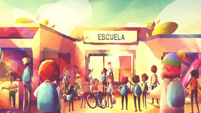 Um grupo de pessoas está em frente a um prédio escolar.