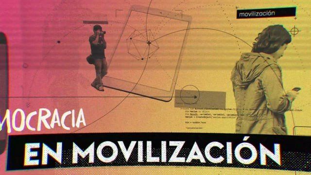 Um pôster com uma mulher olhando para o telefone e as palavras en movilizacion