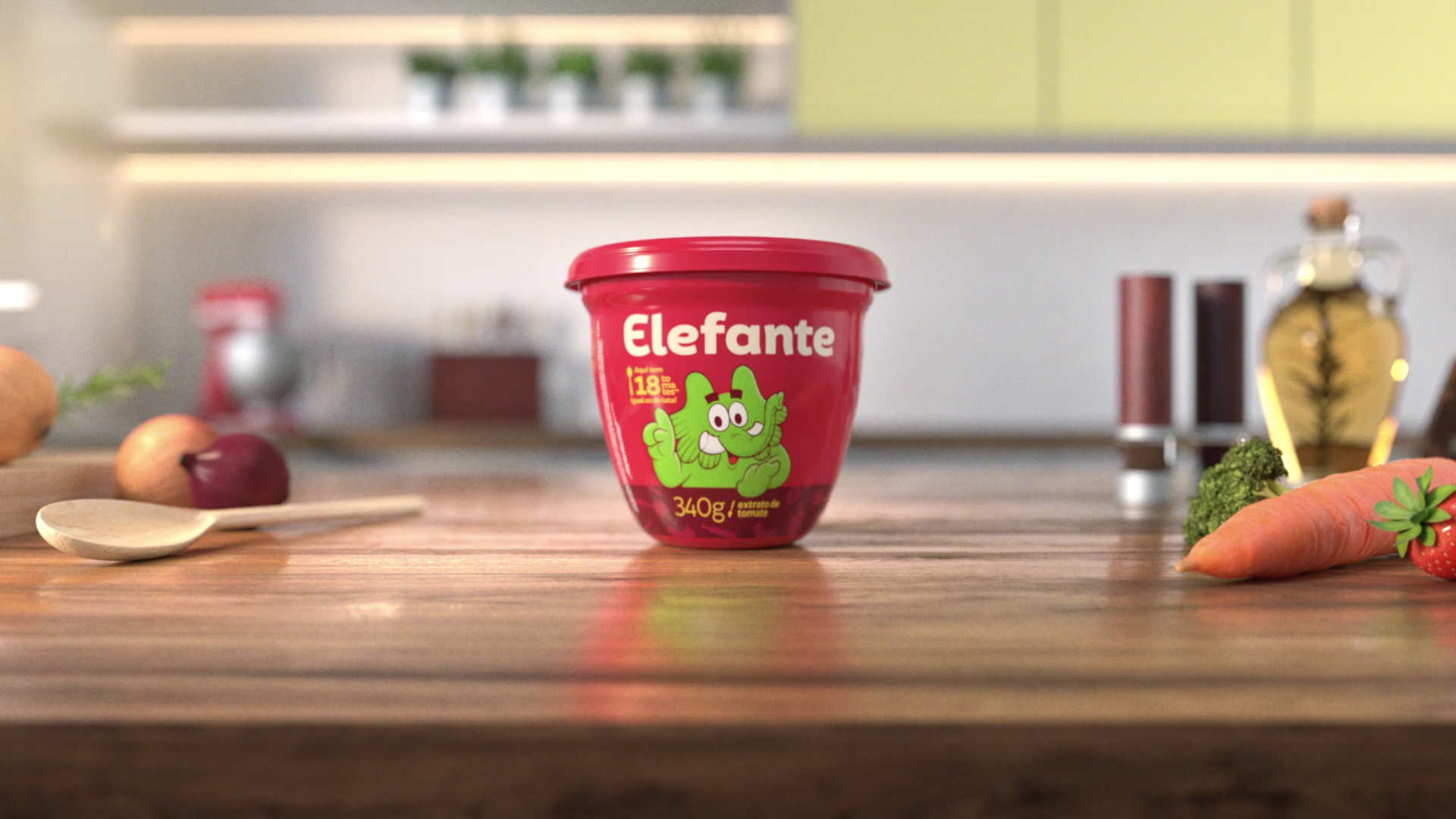 Uma xícara de iogurte de elefante está sobre uma mesa de madeira em uma cozinha.