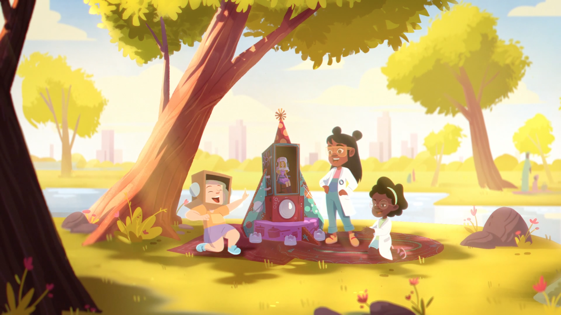 Um grupo de crianças está fazendo um piquenique em um parque.