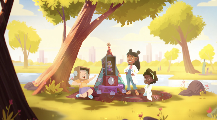 Um grupo de crianças está sentado debaixo de uma árvore em um parque.