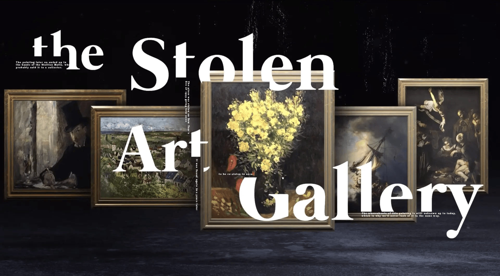 Um pôster da galeria de arte roubada com um monte de pinturas