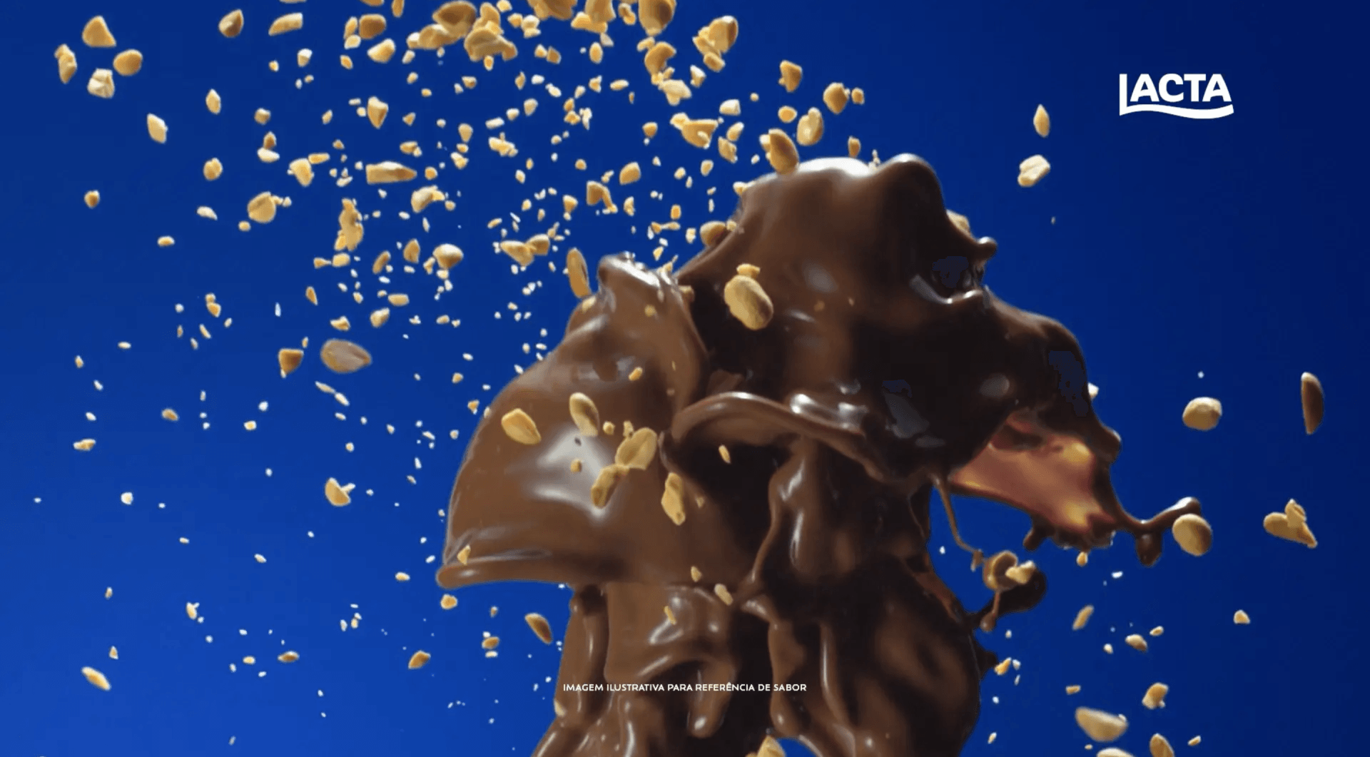 Um close de um respingo de chocolate com a palavra lacta na parte inferior