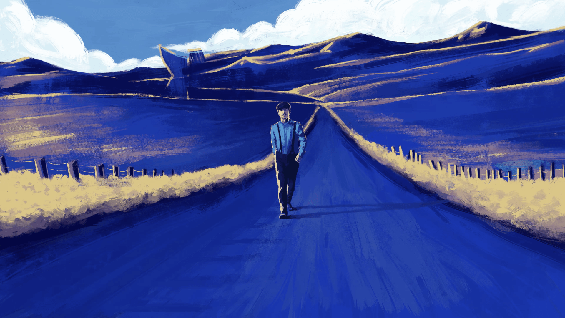 Um homem está caminhando por uma longa estrada azul.