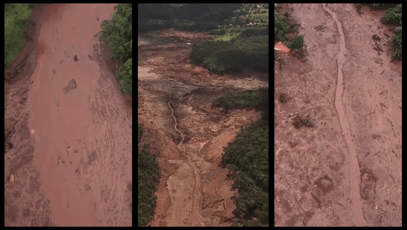 Uma colagem de três fotos de um rio lamacento cercado por árvores.