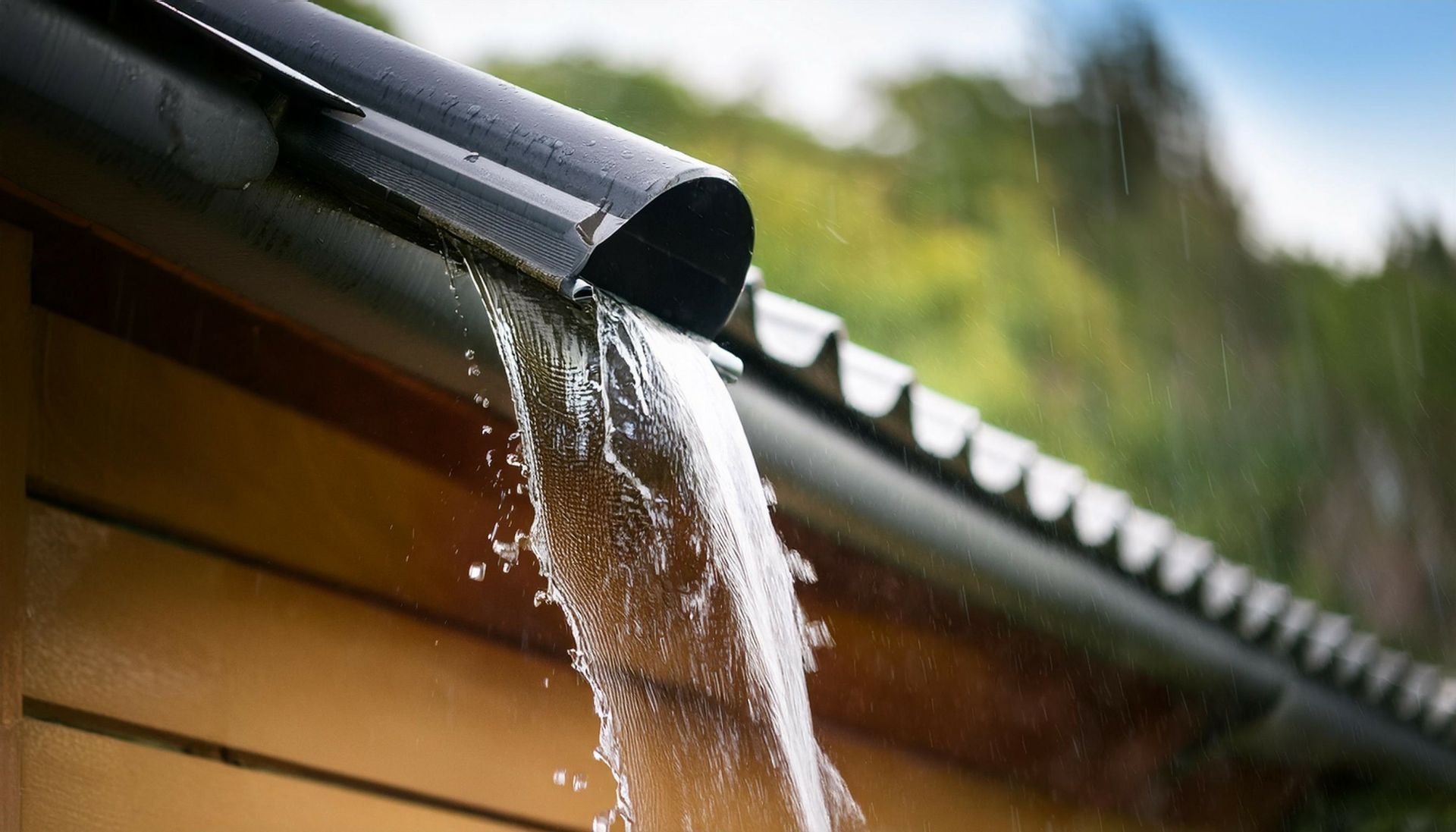 Gouttière noire évacuant l'eau de fortes pluies sur une maison.