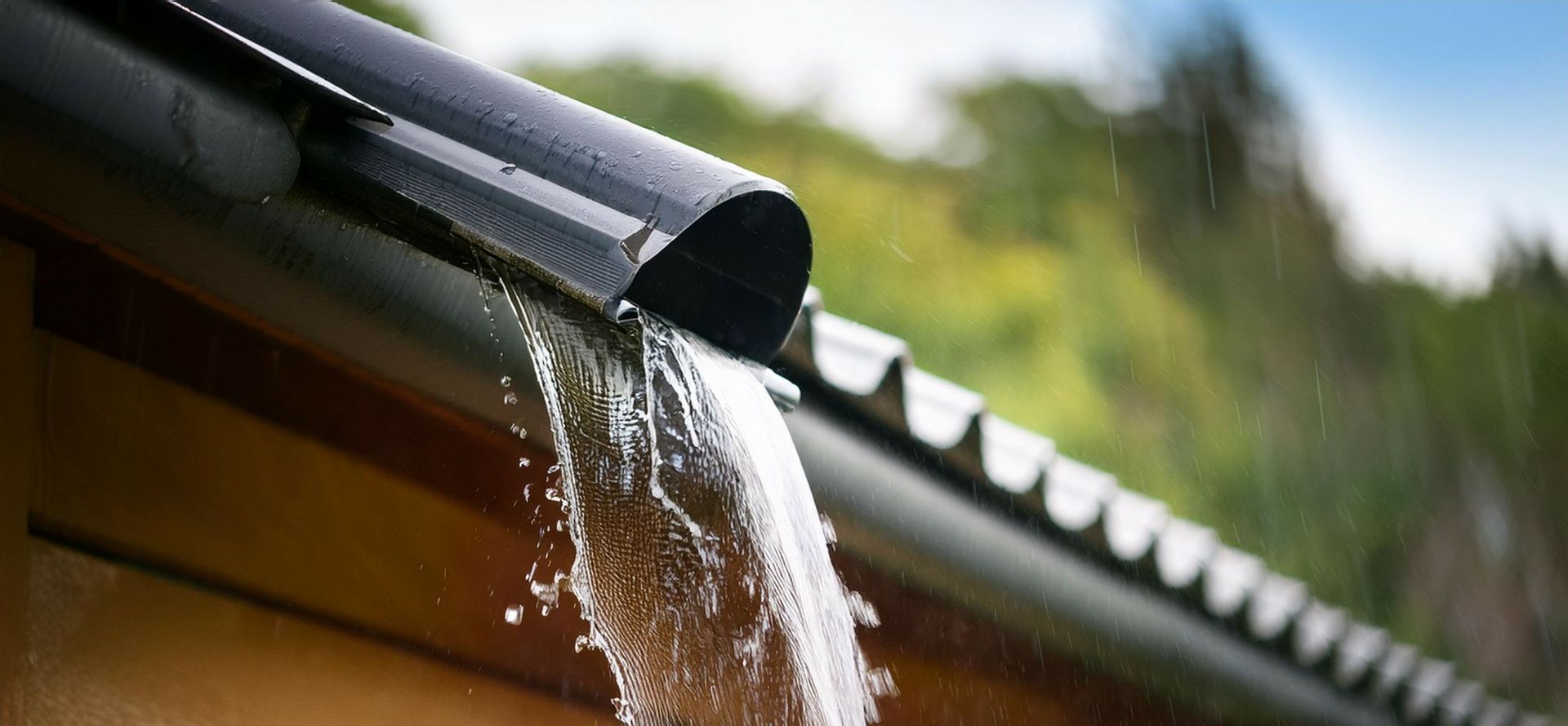 L'eau de pluie ruisselle d'une gouttière noire sur un toit, brouillant l'arrière-plan.