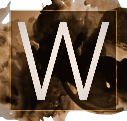 White "W" in a tan outlined box on a dark sepia watercolor background.