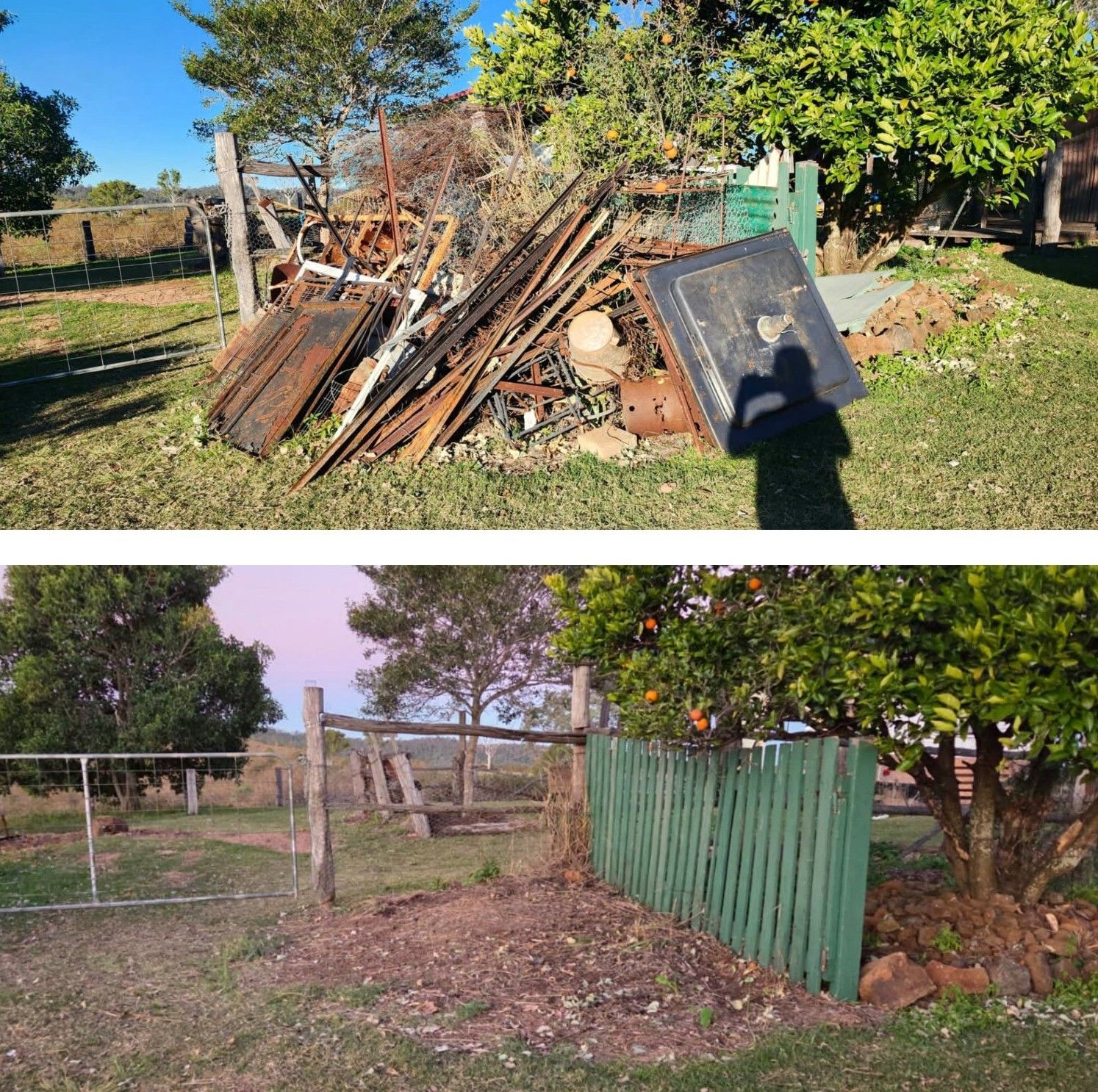 Top: A Pile of Rusted Metal and Debris in a Yard. Bottom: The Cleared Space and a Green Painted Fence — Resolute Home Services In Toowoomba City, QLD
