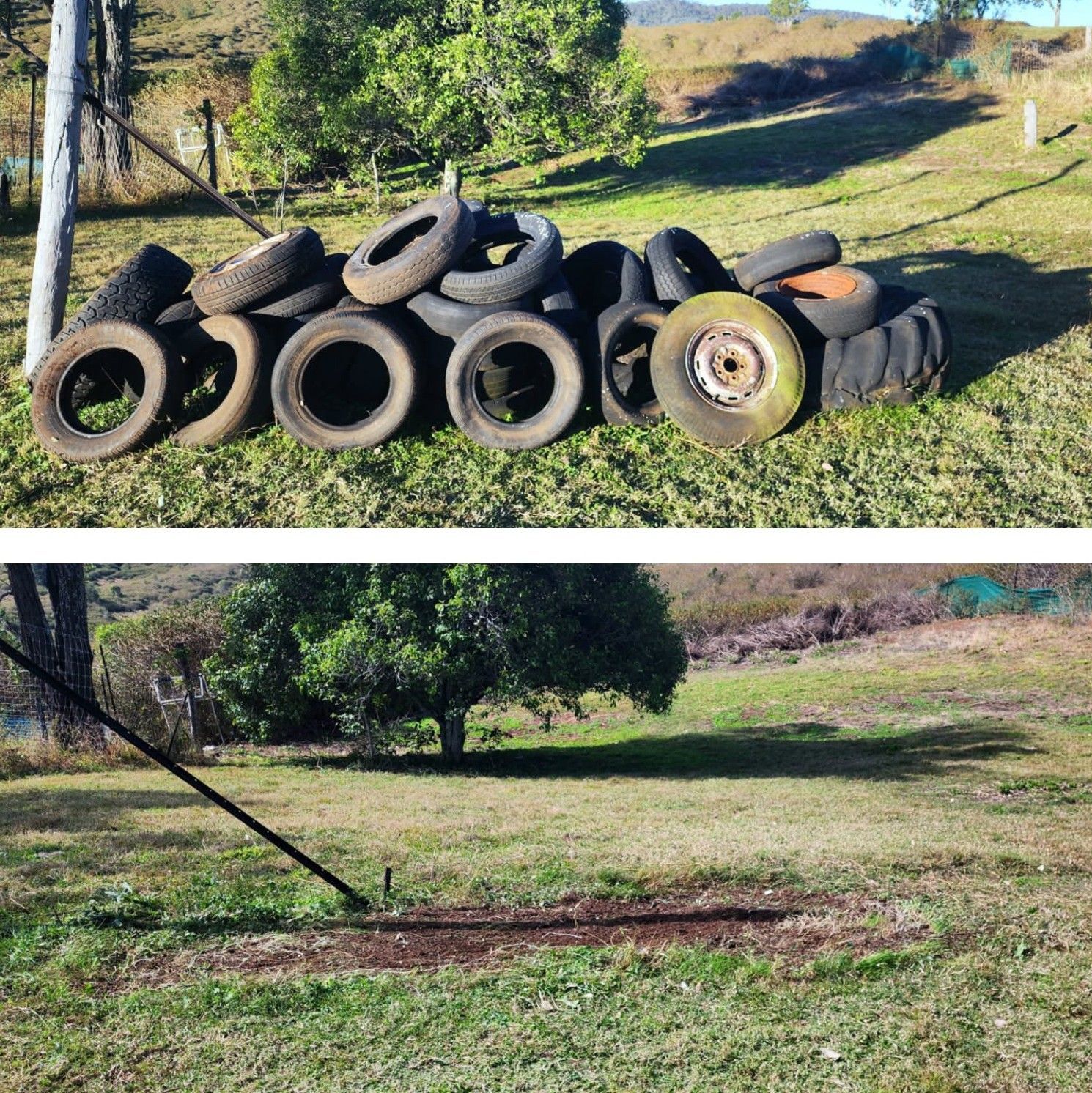 Top: Pile of Old Tires on Grass. Bottom: Empty Patch of Grass Where Tires Were — Resolute Home Services In Toowoomba City, QLD