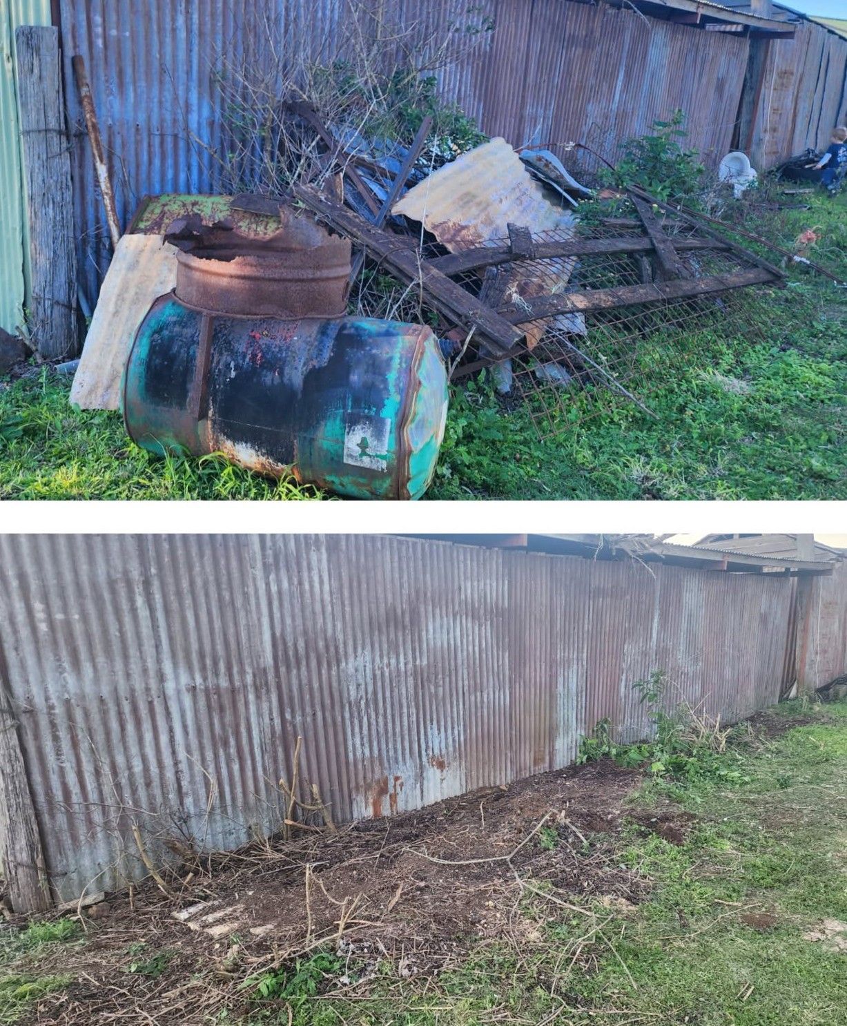 Two Images: Pile of Trash and Weathered Corrugated Metal Wall. Green Barrel Visible — Resolute Home Services In Toowoomba City, QLD