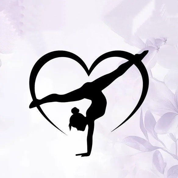 Silhouette of gymnast doing a handstand within a heart; light purple background.