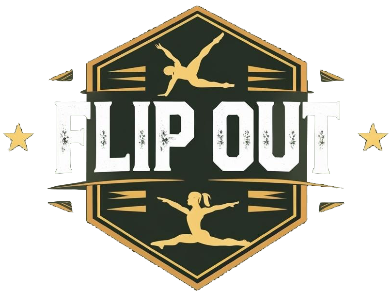 "Flip Out" logo: Gymnasts in splits, words "Flip Out" in white over a dark green shield shape, stars on either side.